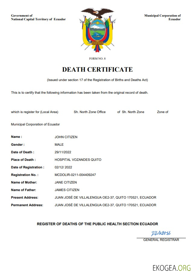 Modèle Word et PDF de certificat de décès de l'état civil de l'Équateur